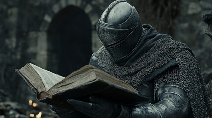 Fototapeta premium Medieval Knight Immersed in Ancient Lore Examining a Bound Manuscript