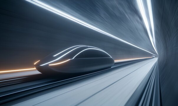A futuristic hyperloop pod travels through a neon landscape in this vibrant image.
