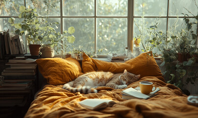 A cozy lazy Sunday morning, soft natural light streaming through large windows, a sleepy cute  cat lying in the bed