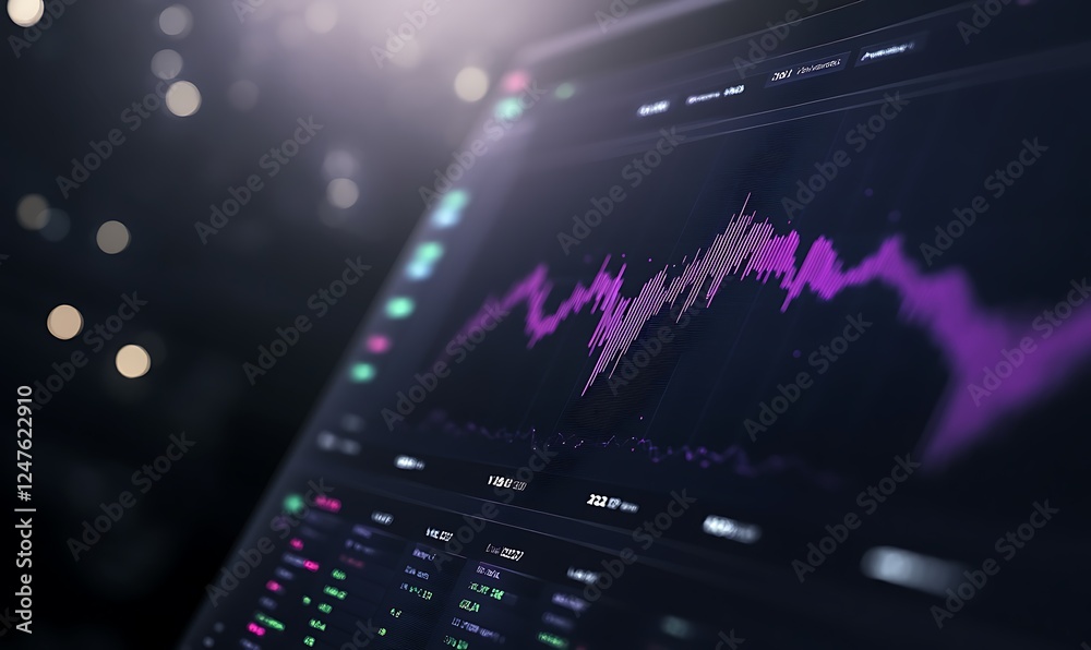 Poster futuristic financial dashboard featuring colorful lines, ideal for business and technology themes.
