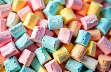 Close-up view of multi-colored sweet marshmallows. Colorful candies piled high creating vibrant texture. Marshmallows various pastel shades, soft fluffy appearance. Sugary treat perfect for holidays