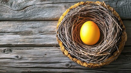 Golden Egg in Rustic Nest: A Springtime Symbol of New Beginnings and Hope