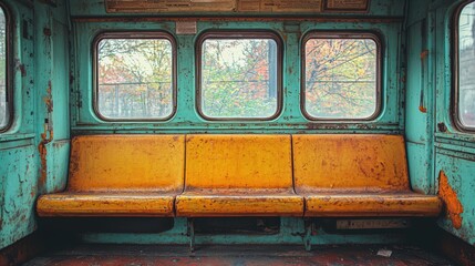 Vintage subway interior with worn orange seats and green walls.