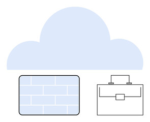 Cloud above firewall and briefcase represents data security, storage, business operations. Ideal for cybersecurity, cloud technology, business management, IT solutions, digital safety, innovation