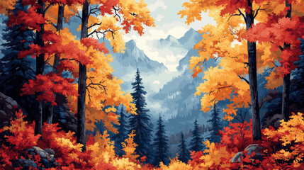 vibrant autumn landscape featuring colorful trees, mountains, and serene atmosphere. scene captures beauty of fall foliage and nature tranquility