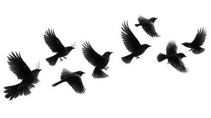 Fototapeta premium A dramatic black-and-white composition featuring ravens in mid-flight, captured as bold silhouettes against a clean white background. 
