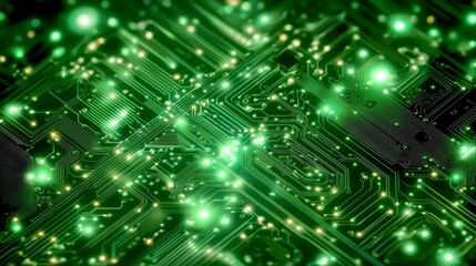 Obraz premium Close-up view of a vibrant green circuit board, showcasing intricate electronic pathways and glowing connections, representing the complexity and beauty of modern technology.