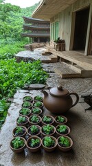 Serene Asian Tea Garden with Potted Herbs, Traditional Clay Teapot, Wooden Pavilion, Nature, Relaxation, Meditation Retreat, Zen Architecture, Scenic View