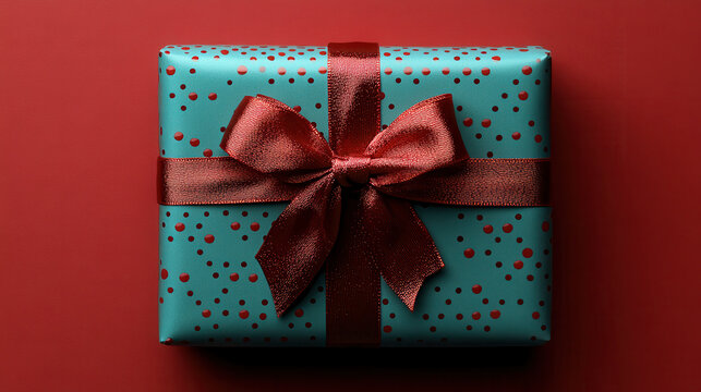 beautifully wrapped gift box in teal with red polka dots and shiny red ribbon, perfect for special occasions