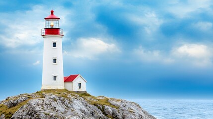 Majestic White Lighthouse on Rocky Coastline under Dramatic Sky, a Symbol of Hope and Guidance