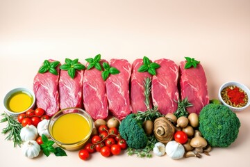 Raw Beef Steaks with Vegetables and Spices