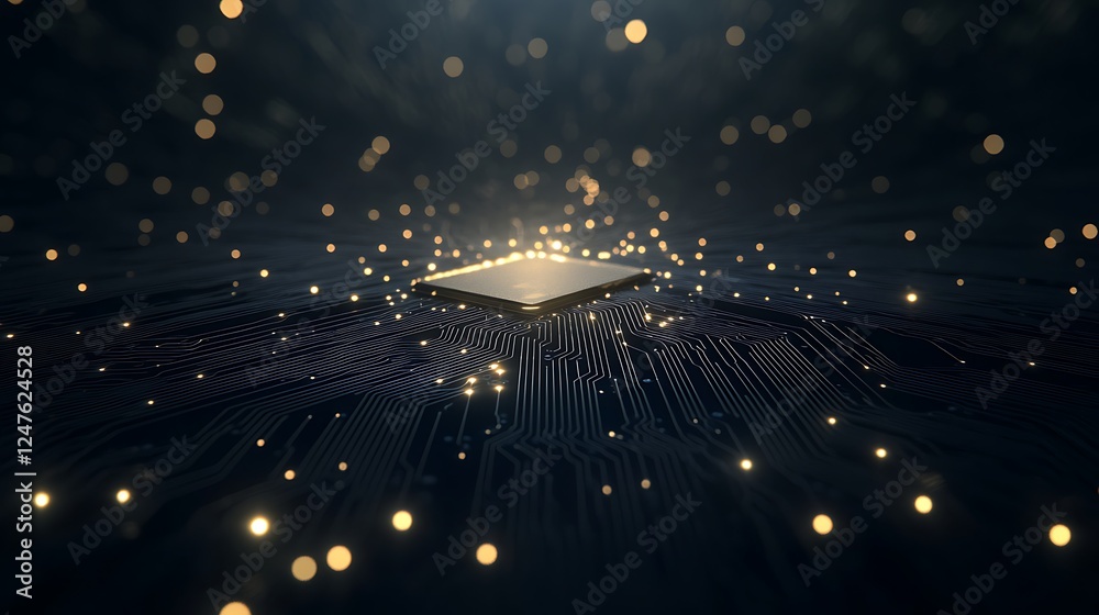 Poster Futuristic AI-powered processor chip glowing, showcasing advanced technology in a digital setting.
