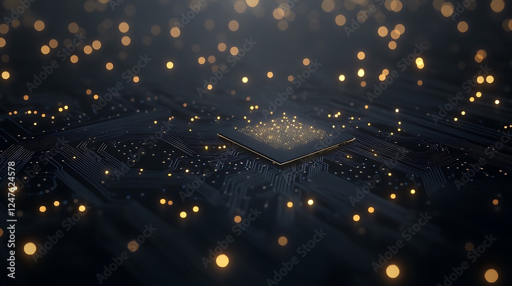 Poster a futuristic ai-powered processor chip glowing brightly against a dark backdrop.
