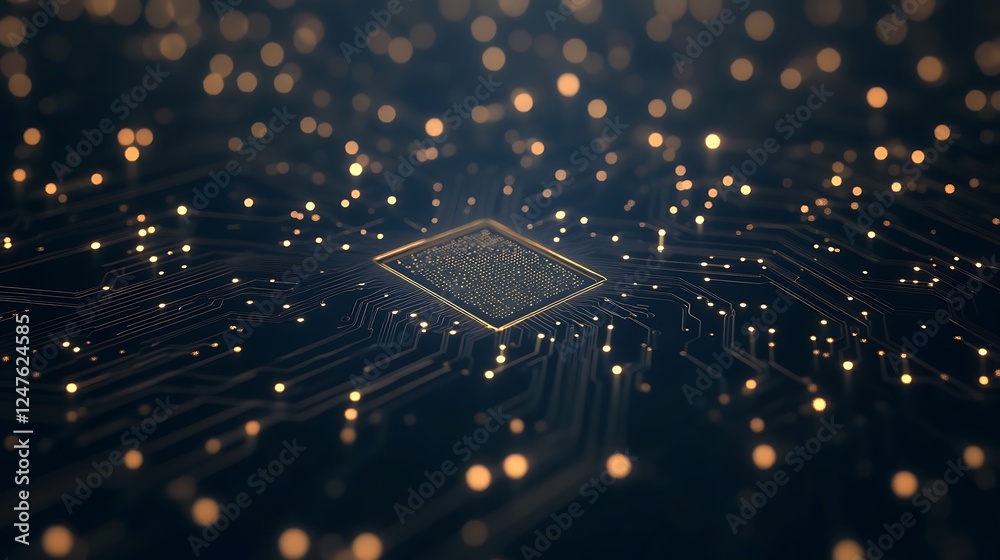 Poster A futuristic AI-powered processor chip glowing in a high-tech environment.