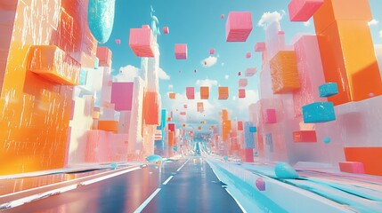 Colorful Geometric Cityscape with Floating Cubes in a Dreamlike Sky Setting