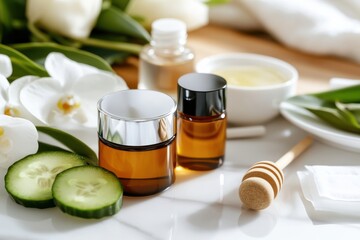 A beautiful arrangement of spa products alongside fresh cucumber slices and flowers, creating an elegant and serene atmosphere for relaxation and self-care.