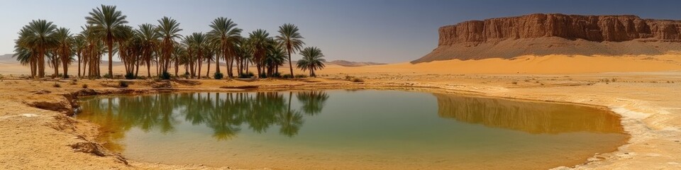 Obraz premium Captivating Desert Oasis with Pristine Blue Lagoon, Lush Palm Trees, Majestic Rock Formation, and Expansive Sahara Desert Landscape under Clear Blue Sky