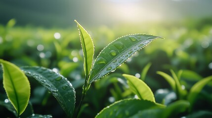 Obraz premium Dewdrops in the morning tea garden
