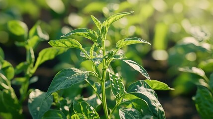 Obraz premium Emerging Beauty: A vibrant green plant thrives in a sun-drenched garden, its fresh leaves glistening with life. Close-up captures the essence of growth and vitality.