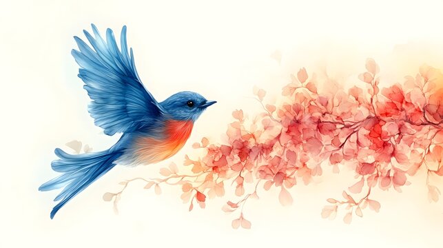 A stunning illustration of a vibrant bluebird in mid-flight, captured alongside delicate branches adorned with soft peach-colored blossoms.