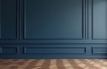 Empty classic style interior room with navy blue wall paneling, brown parquet floor. Classic design interior showcase. Elegant, timeless home decor. Versatile, stylish space. Suitable for various