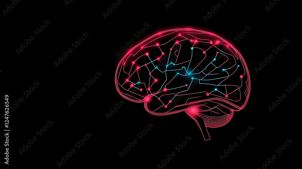 Poster a digital holographic brain illustration emphasizing neural connections and technology.