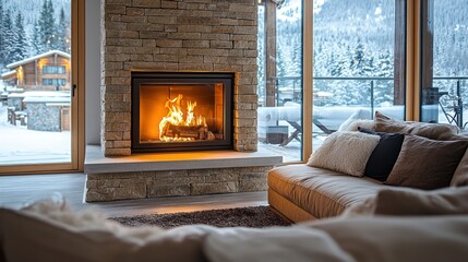 Cozy living room fireplace winter mountain view