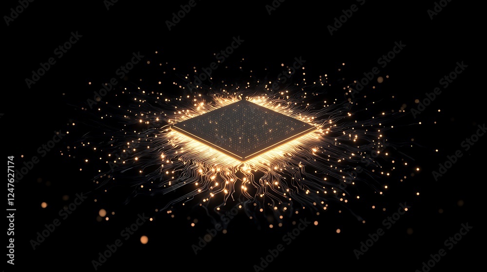 Poster A detailed close-up image of a quantum computer chip showcasing its intricate design and glowing features.