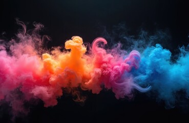 Obraz premium Colorful smoke waves swirl against dark background. Vivid rainbow colors mix creating dynamic patterns. Abstract art design. Vibrant hues explode in dynamic motion. Fluid liquid effects. Perfect for