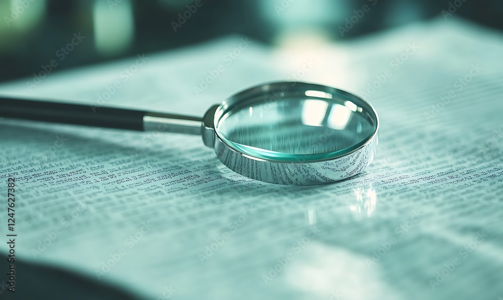 Poster a detailed close-up image of a magnifying glass focusing on a subject, showcasing intricate details.