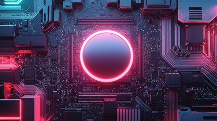 Fototapeta premium Advanced Circuit Motherboard with Round Glossy Chip, Holographic Wires, and Neon Cyan and Purple Lights. Copy space. Generative AI