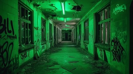 An abandoned building corridor glows eerie green with broken windows and graffiti