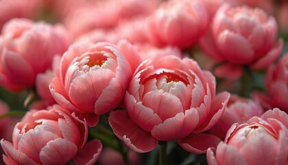 Fototapeta premium Close-up view of beautiful coral peony flowers. Delicate petals in shades of pink, coral. Fresh blooms create vibrant floral display. Perfect for spring summer. Ideal for decorations, gifts