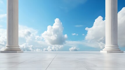The sky is blue and cloudy, with two white columns in the background