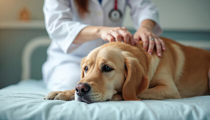 Vet gently treats dog back with acupuncture needles. Calm clinic environment. Animal care, veterinary health care concept. Professional vet placing needles on canine back. Medical treatment for pet.
