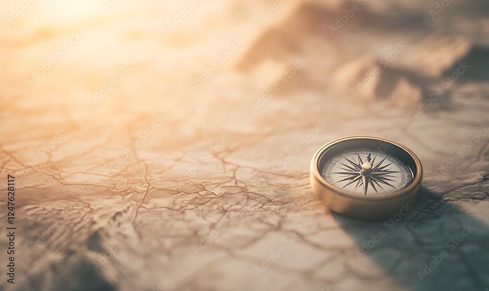 Poster A detailed close-up image of a compass placed on vintage textures, ideal for navigation and adventure themes.