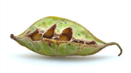 Obraz premium Open Soybean Pod: A close-up shot of an open soybean pod reveals the small, golden seeds within, showcasing the natural beauty and essential role of soybeans in agriculture and food production.
