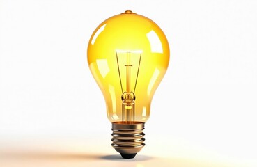 Bright yellow light bulb glows on plain white background. Illumination concept. Symbol of idea, creativity. Light bulb glows brightly. Realistic 3D illustration. Electric lamp. Electric light. Energy