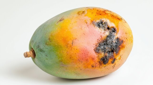 Mango with Anthracnose: A close-up view of a ripe mango displaying the characteristic black spots of anthracnose disease, a fungal infection that affects fruit.