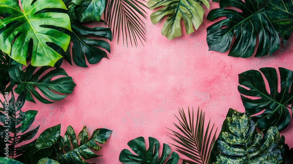 Poster tropical palm leaves beautifully arranged on a vibrant pink backdrop create a lively environment per