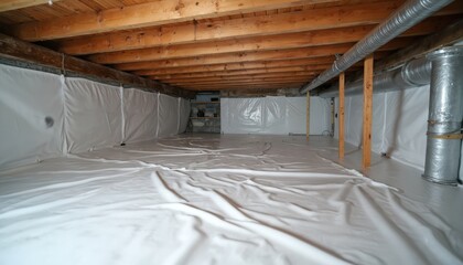 Empty crawl space with thermoregulatory blankets, radon mitigation system. Interior view of modern home improvement project showing encapsulated crawl space. Insulation, waterproofing, radon control