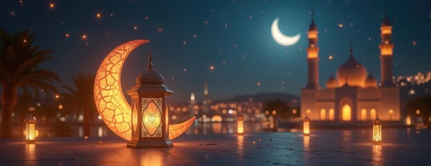 Night scene of Islamic city featuring mosque with glowing lanterns, crescent moon. Festive ambiance suitable for Ramadan Kareem, Mawlid, Iftar, Isra Miraj, Eid celebrations. Traditional Arab