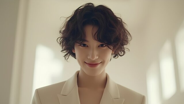 Androgynous Model with Choppy Bob Hairstyle in Light Blazer Against Minimalist Background

 - Powered by Adobe
