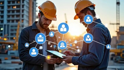 Construction Collaboration: Two construction workers in hard hats collaborating on a tablet amidst a modern construction site, symbolizing teamwork and project management.