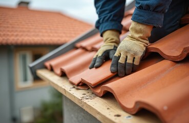 Worker installs yellow ceramic roofing tiles on wooden boards covering residential building under construction. Closeup view of hands in gloves placing tiles on roof. Construction work on top of