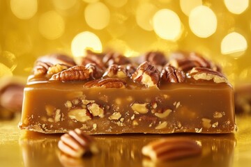 Close up of caramel candy bar topped with pecans