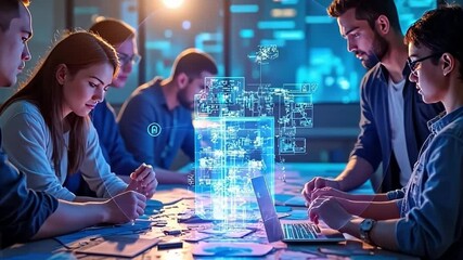 Visionary Tech Team: A group of dedicated professionals immersed in the digital realm, collaborating around a table adorned with laptops and holographic projections - Powered by Adobe