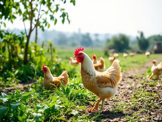 Fototapeta premium Chicken drinking water from a sustainable water source outdoors on an eco-friendly farm bathed in natural light, showcasing sustainable farming practices, healthy, natural light, organic