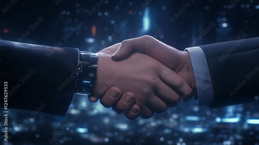 Poster a close-up image depicting a handshake being replaced by robotic arms, symbolizing technology and co