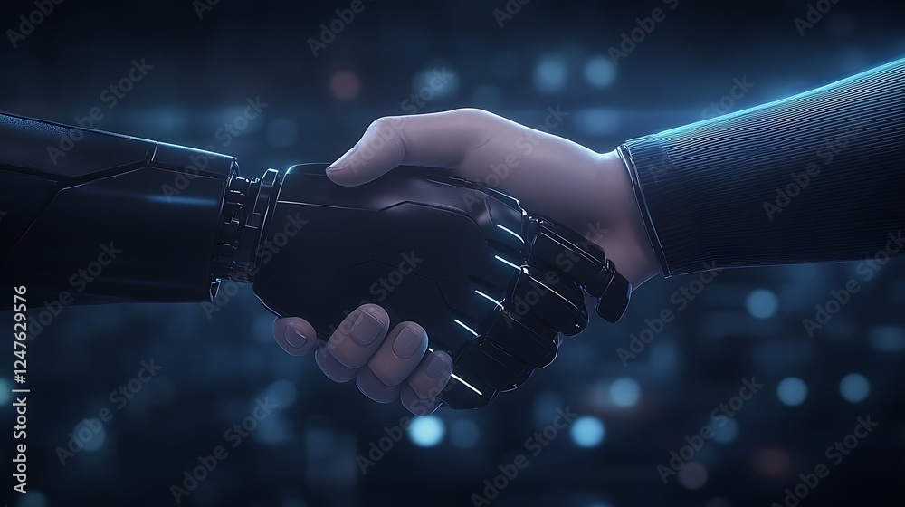 Aufkleber a close-up image depicting a handshake replaced by robotic arms, symbolizing technology and collabor